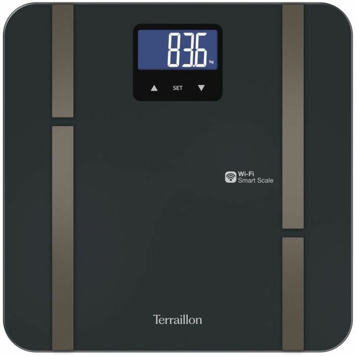 Badrumsvåg Terraillon Master Fit Ultra 180 kg - Grå Glas, LCD-skärm, Wi-Fi, max 180 kg.