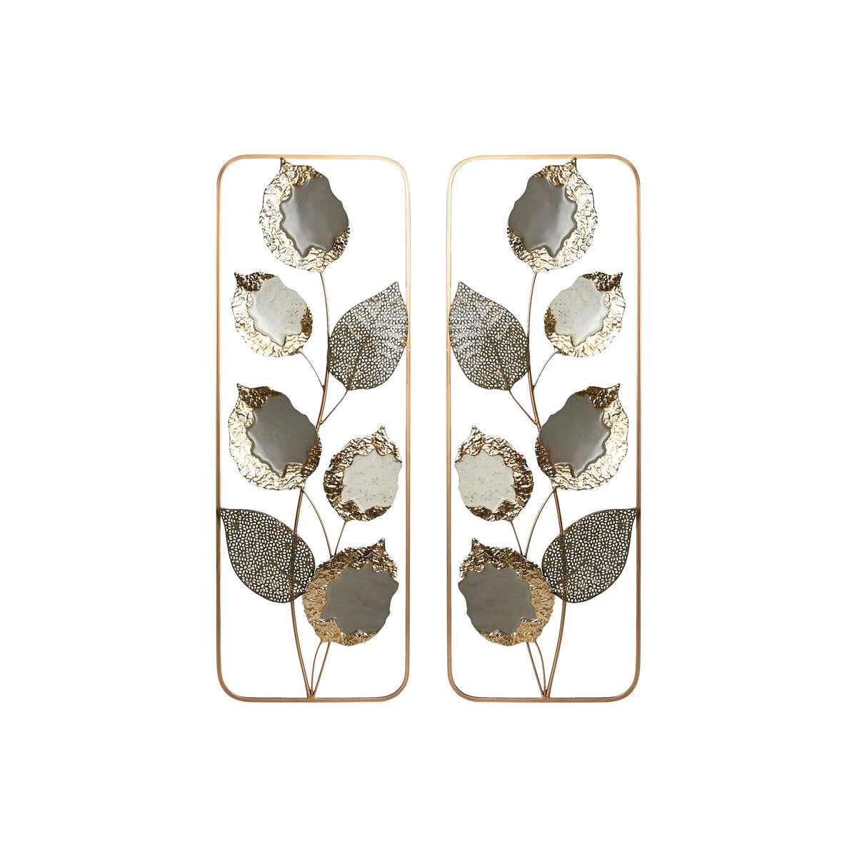 Grå & Gyllene Blomster Väggkonst, 31x90 cm, 2-pack - Elegant metalldekoration för heminredning.